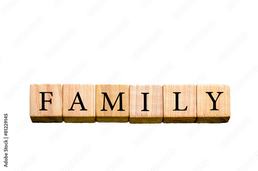 Word FAMILY isolated on white background with copy space
