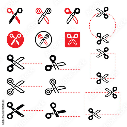 Scissors with cut lines icons set