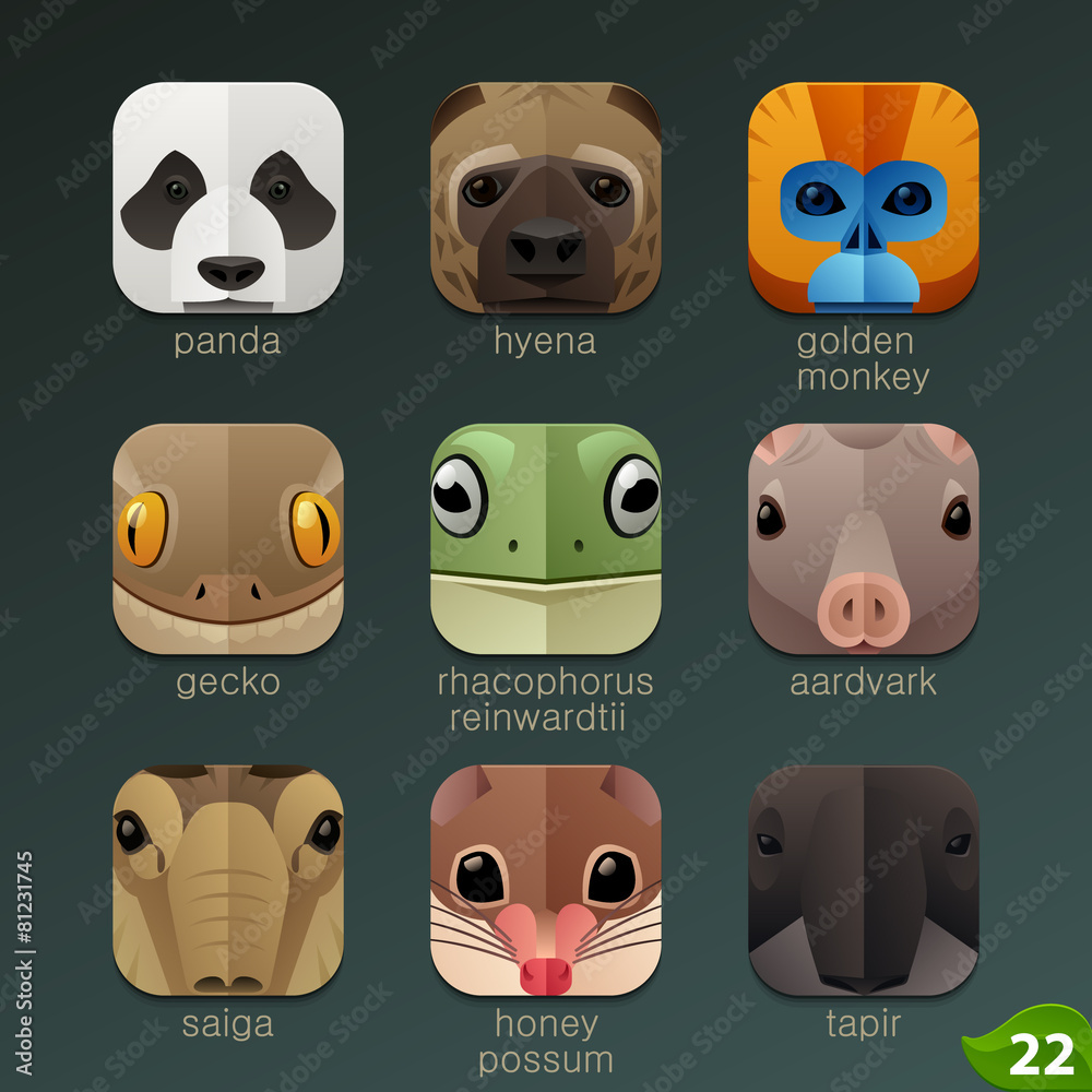 Fototapeta premium Twarze zwierząt dla zestawu ikon aplikacji 22