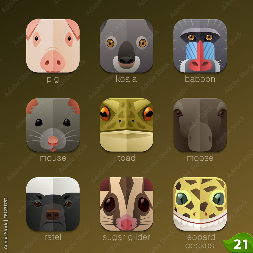 Obraz premium Twarze zwierząt dla zestawu ikon aplikacji 21