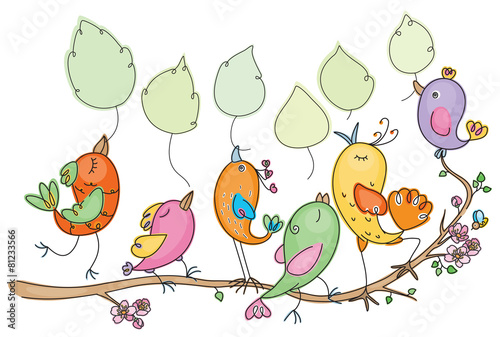Vector cute birds cartoon holding leaves, place for text spring © rvika