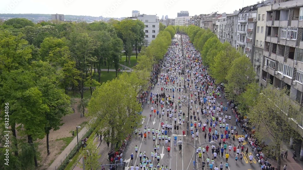 Aerial view of marathon city runners in the streets of Belgrade
