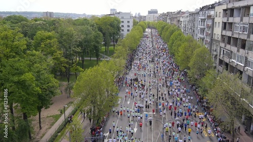 Aerial view of marathon city runners in the streets of Belgrade