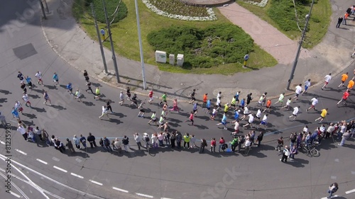 Aerial view of marathon city runners in the streets of Belgrade photo