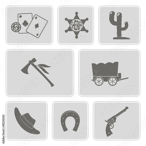 set of monochrome icons with cowboys and wild west theme