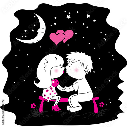  male and female lovers kissing on a bench at night