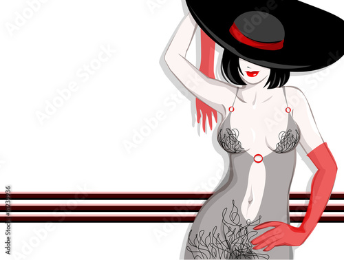 Sexy cabaret girl with wide brim hat and elegant gloves