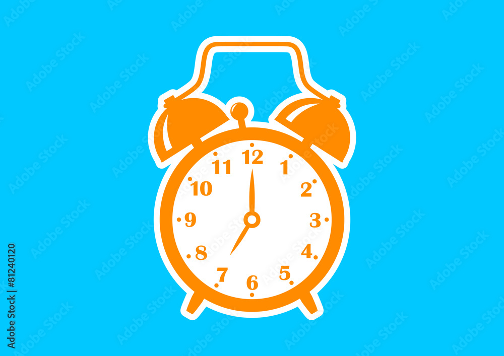 Orange alarm clock icon on blue background Orange alarm clock icon on blue background