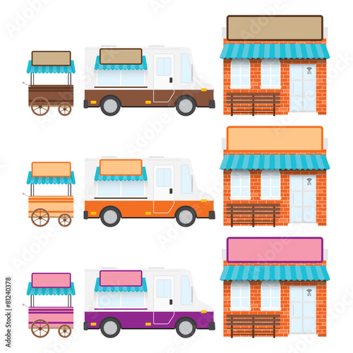 Trucks and shops.