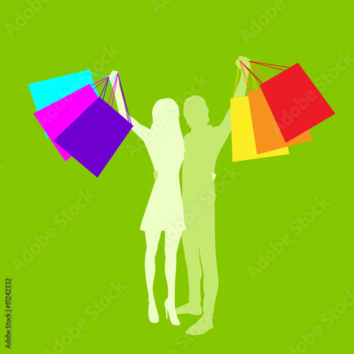 Shopping Couple Man and Woman Silhouette with Bags