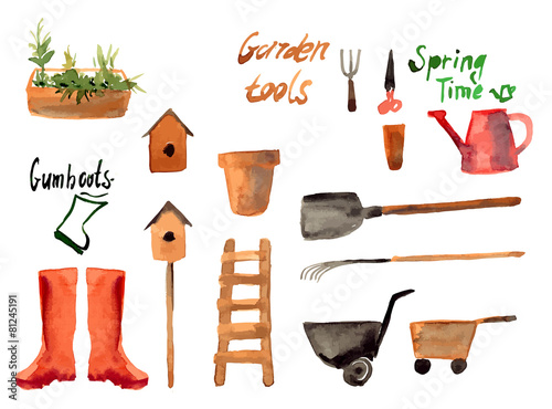 A set watercolor of gardening tool