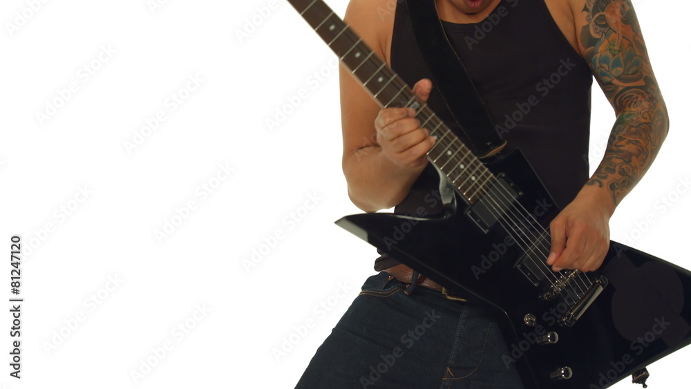 closeup guitarist playing electric guitar on white