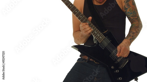 closeup guitarist playing electric guitar on white photo