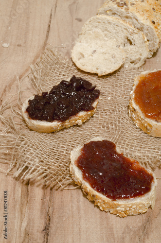 Slices of bread with different tipes of jam