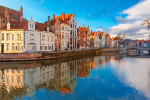 Bruges canal Spiegelrei with beautiful houses, Belgium