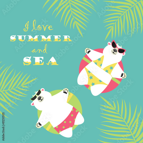 Cute polar bears swimming with rubber ring