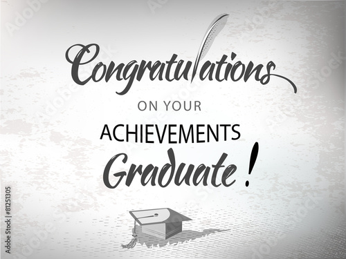 Congratulations text typography with quill pen and mortar.
