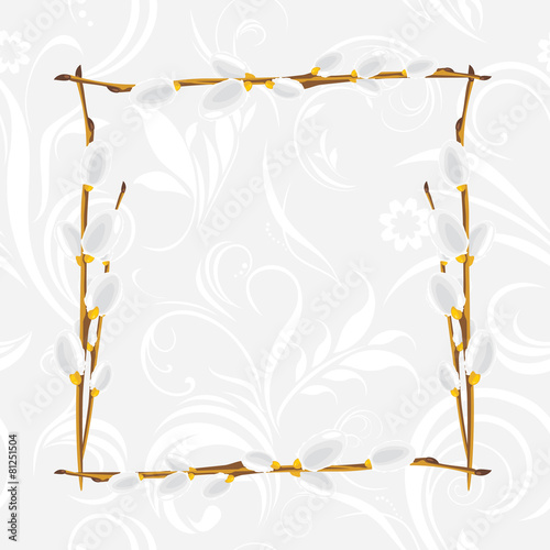 Light gray ornamental frame with pussy willow branch
