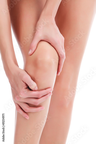 woman with leg injury, isolated on white background, copyspace