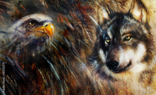 Wolf and eagle color painting, feathers background, multicolor c photo