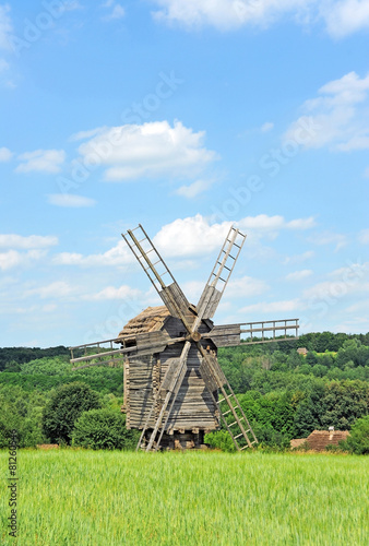 Antique ramshackle wooden windmill, Pirogovo, Kiev, Ukraine