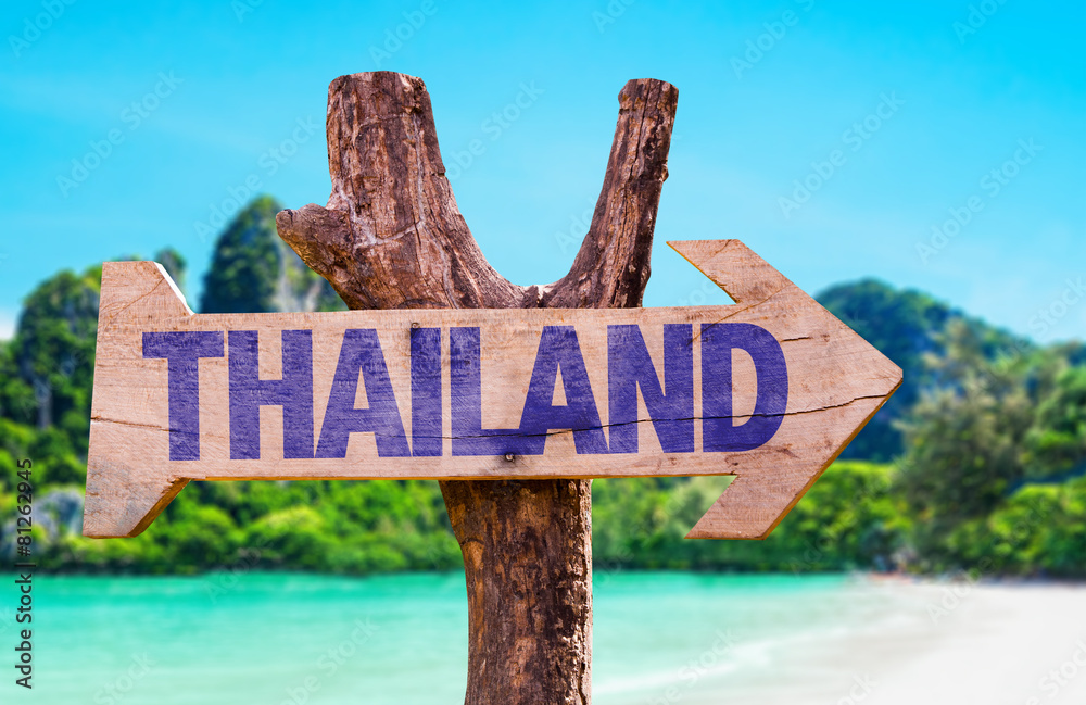 Thailand wooden sign with beach background