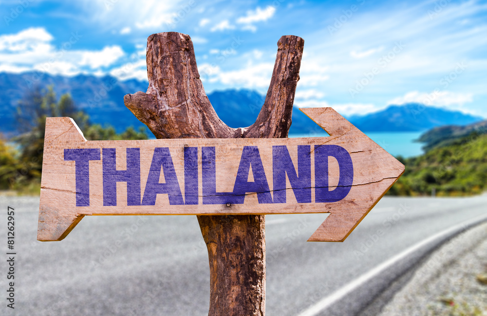 Thailand wooden sign with road background