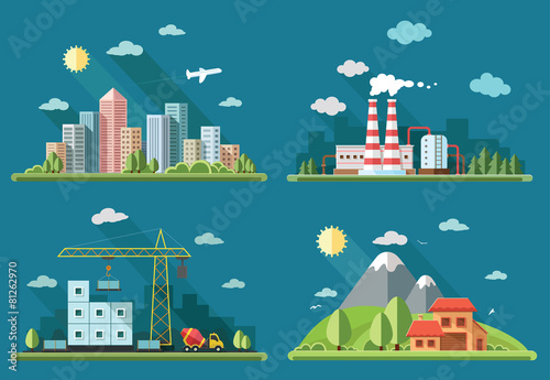 icons set. large city , country house, farmhouse on a background