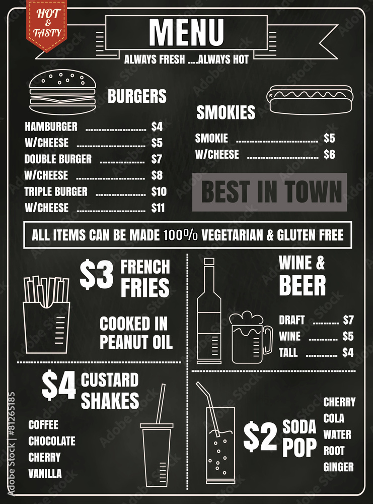 Fototapeta premium Restaurant menu design elements with chalk drawn food and drink