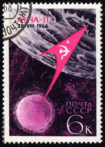 Flight of soviet automatic spaceship "Luna-11" on post stamp