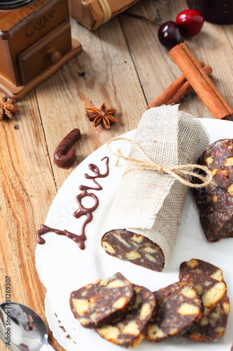 chocolate sausage with decorations