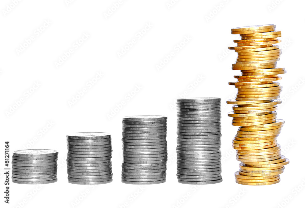 columns of gold and silver coins isolated on white background columns of gold and silver coins isolated on white background