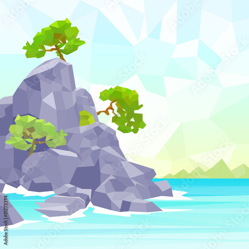 rocks sea shore with tree polygon graphic vector