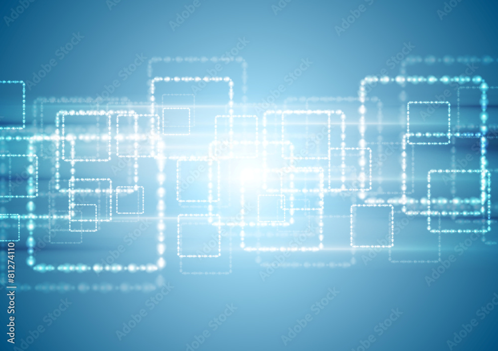 Bright blue tech background with shiny squares