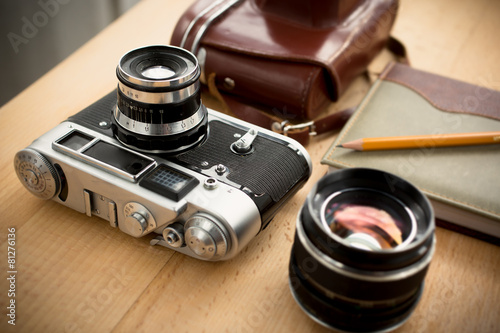 vintage photographer workspace with professional equipment