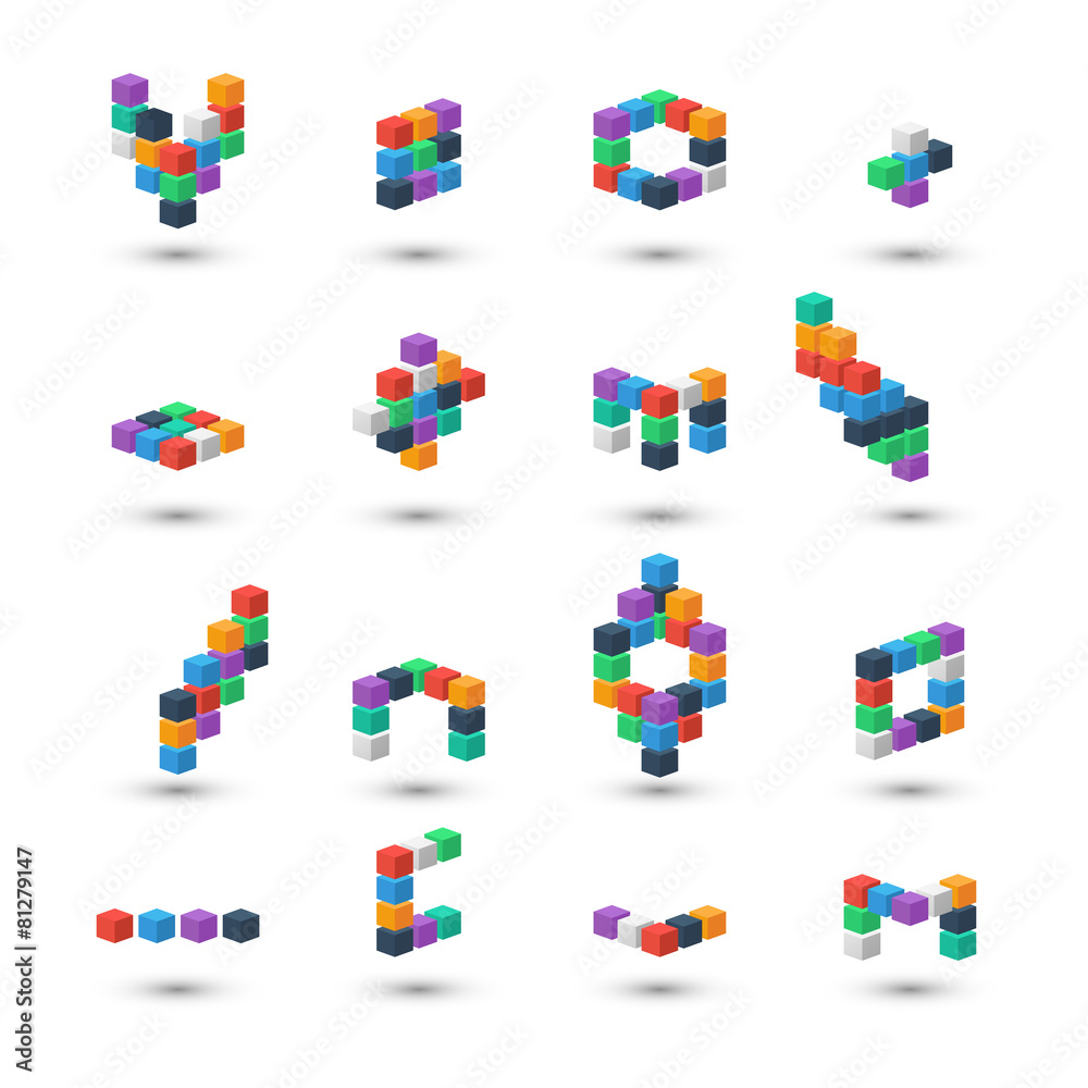 Set of abstract 3d color cubes on white background.