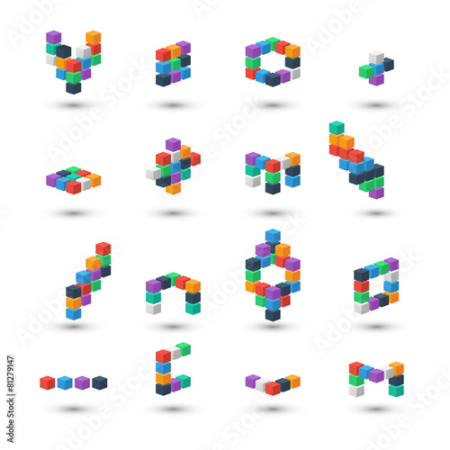 Set of abstract 3d color cubes on white background.
