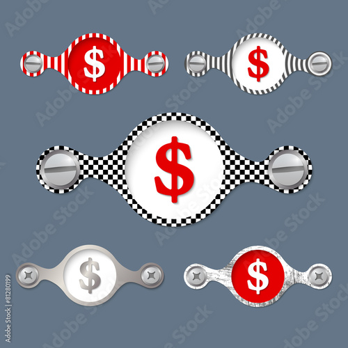 five abstract objects with pattern and dollar icon