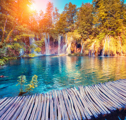 Tuinposter Watervallen Trappen en meren Plitvice groen Kroatisch landschap  © Leonid Tit