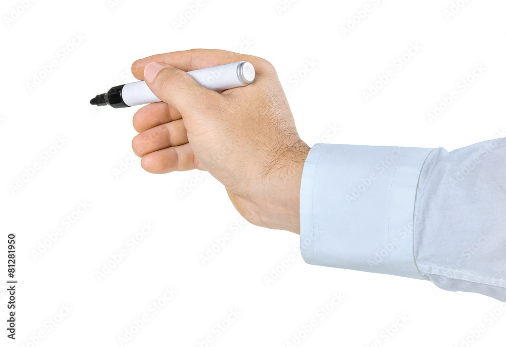 Hand mit Stift vor weißem Hintergrund Hand mit Stift vor weißem Hintergrund