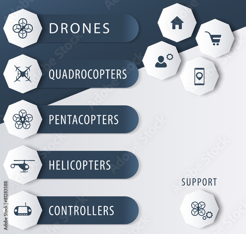 Drones, copters e-shop design elements in blue