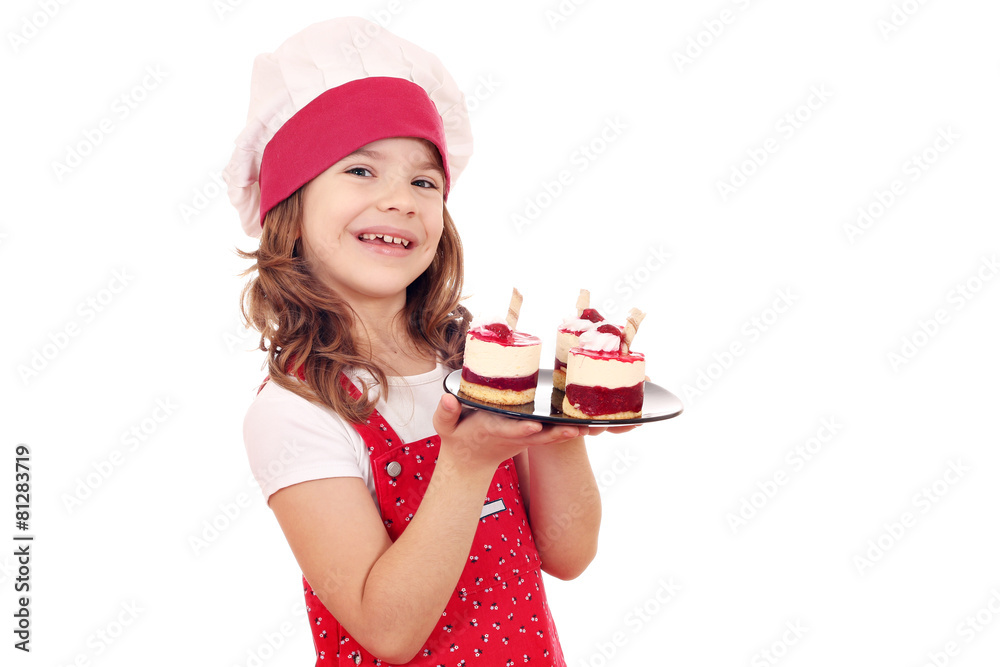 happy little girl cook with sweet raspberry cake happy little girl cook with sweet raspberry cake