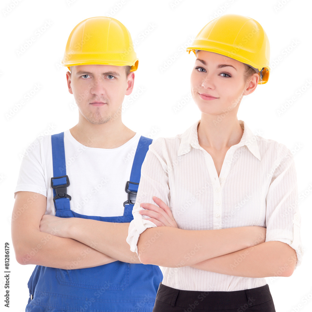 young man builder and business woman architect in helmet isolate young man builder and business woman architect in helmet isolate
