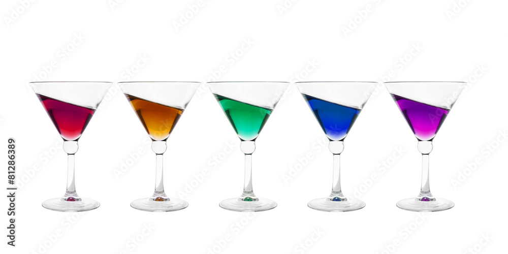 Collection of cocktail glasses with colorful inclined drink