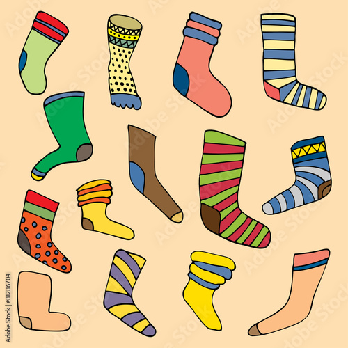 Set of different socks in circle. Round shape made of hand drawn
