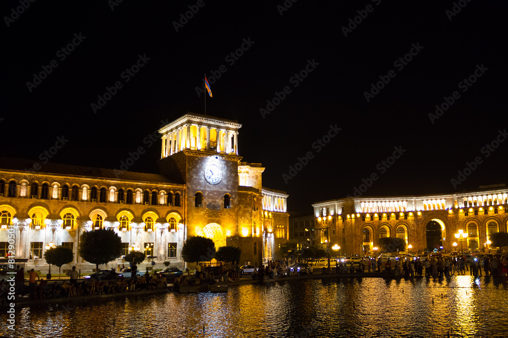 Night Yerevan and clock tower. Armenia, Hraparak