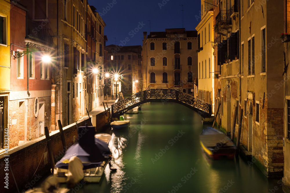 Night channel with a bridge in Venice