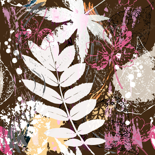 seamless nature pattern, leaves, strokes, splashes