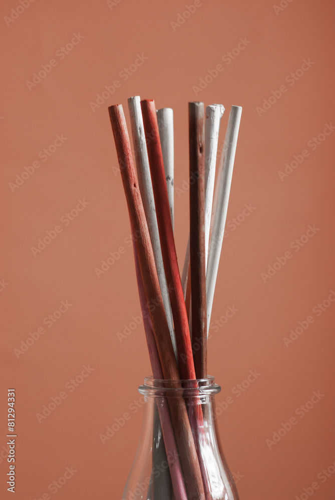 Colorul dry wooden sticks in glass vase Colorul dry wooden sticks in glass vase