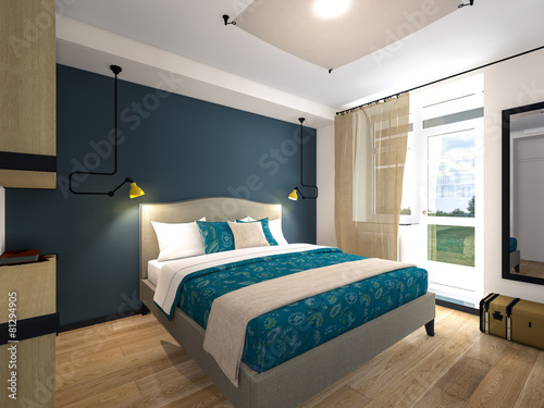 bedroom with blue wall 3d rendering